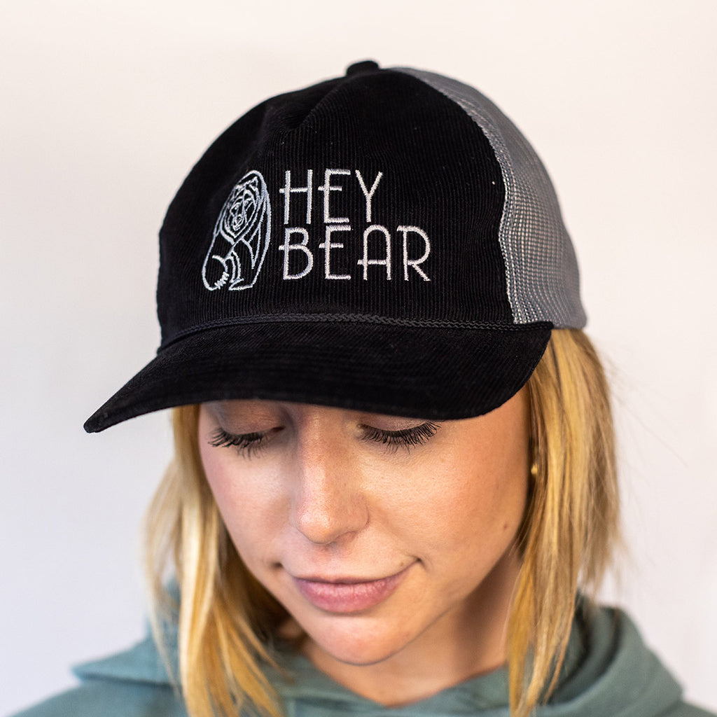 Hey Bear Black Corduroy Trucker Hat